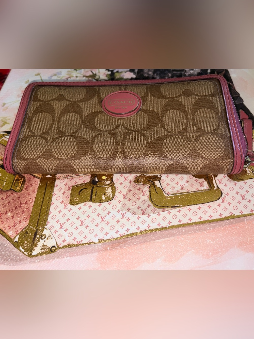 Coach Coated Canvas Tan Monogram Zip Closure Wallet with Pink Trim - Picture 2 of 12